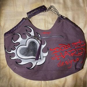 vintage ed hardy graphic canvas tote bag with chain straps